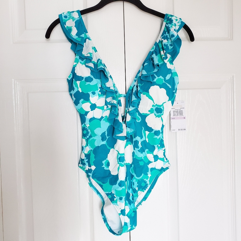 New Michael Kors Aqua/White Ruffle ScoopBa…